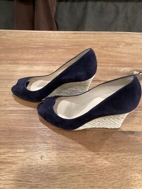 LK Bennett Navy Suede Peep-Toe Espadrille Wedges